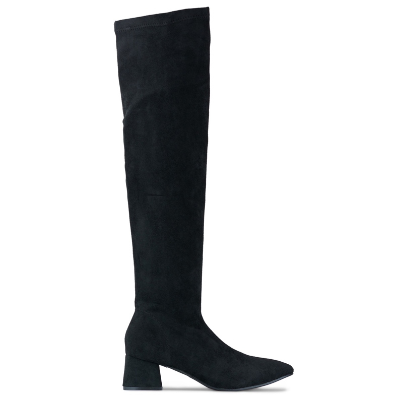 Cizme negre de piele intoarsa deasupra genunchiului, cu toc jos negru