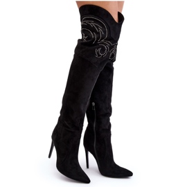 Cizme de damă cu toc înalt peste genunchi Vessy negre negru