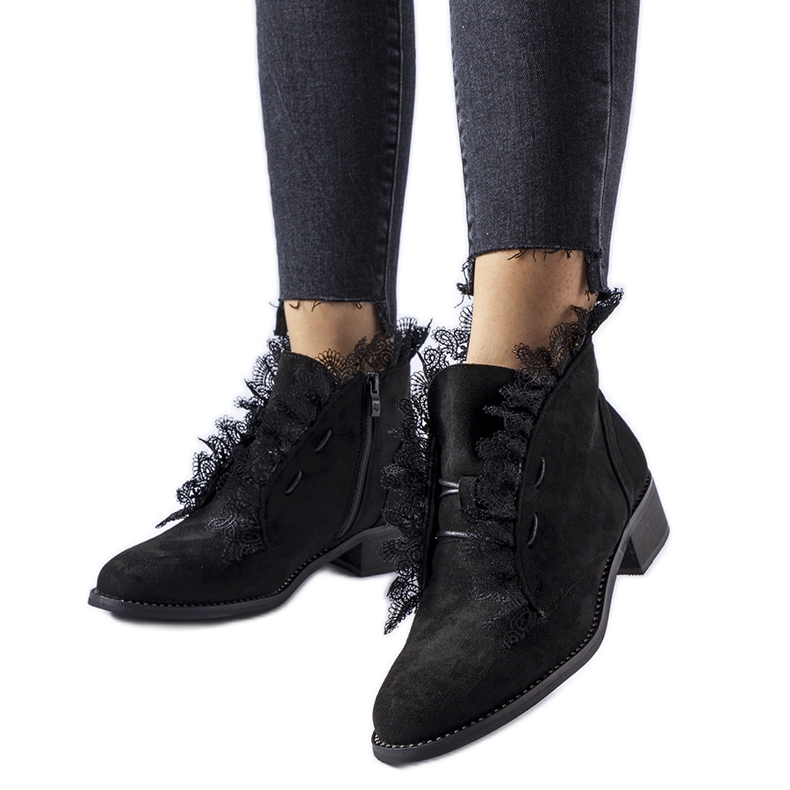 Botine negre cu strasuri si dantela de la Belviglieri negru