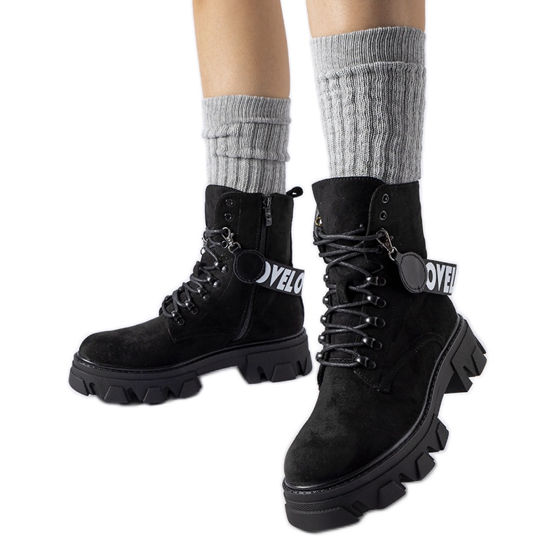 Botine negre cu curea decorativă detașabilă negru