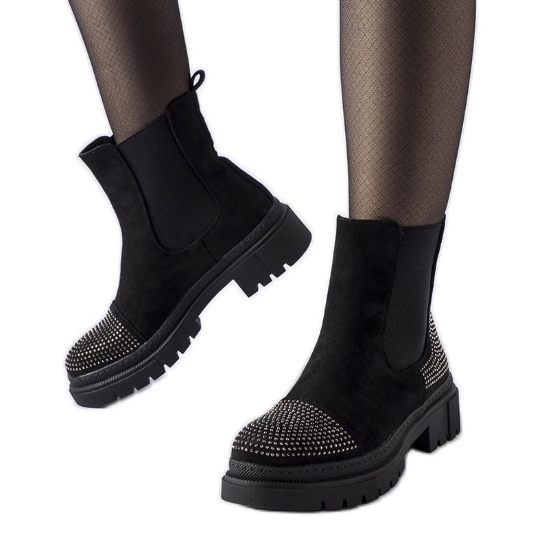 Botine negre cu zirconi Grinzane din piele ecologică negru Botine negre cu zirconi Grinzane din piele ecologică negru