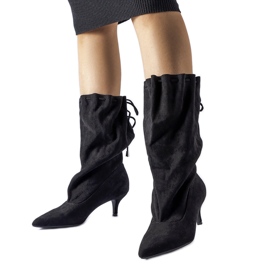 Cizme slip-on din piele intoarsa neagra cu toc inalt negru