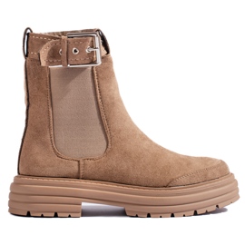 Botine kaki din piele intoarsa cu catarama Shelovet bej Botine kaki din piele intoarsa cu catarama Shelovet bej
