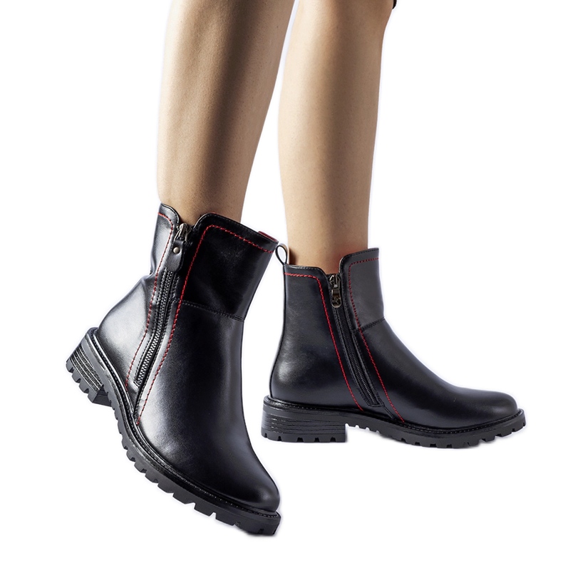 Botine negre cu fir rosu decorativ Nereo negru