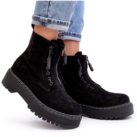 Botine De Damă Trapper De piele intoarsa Pe Talpa Groasa Cu Fermoar, Edivame Neagra negru