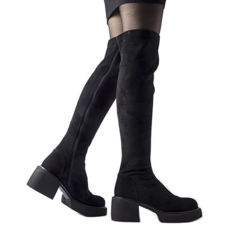 Cizme negre lungi calde din piele intoarsa ecologica negru