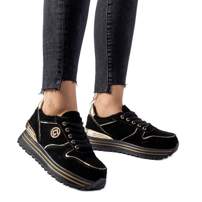 Tenisi Therrien din piele intoarsa negri si aurii negru