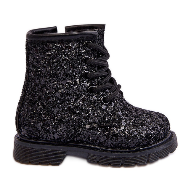 Botine izolate cu sclipici pentru copii cu fermoar, Saussa neagra negru Botine izolate cu sclipici pentru copii cu fermoar, Saussa neagra negru