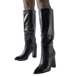 Cizme negre cu relief Facino pe călcâi negru