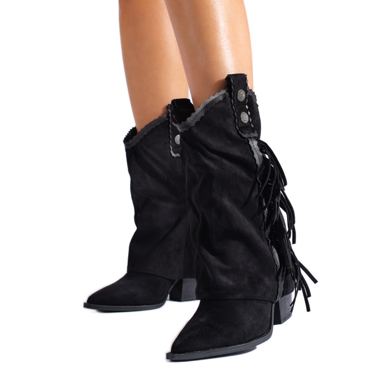 Cizme de cowboy cu franjuri din piele intoarsa neagra Shelovet negru Cizme de cowboy cu franjuri din piele intoarsa neagra Shelovet negru