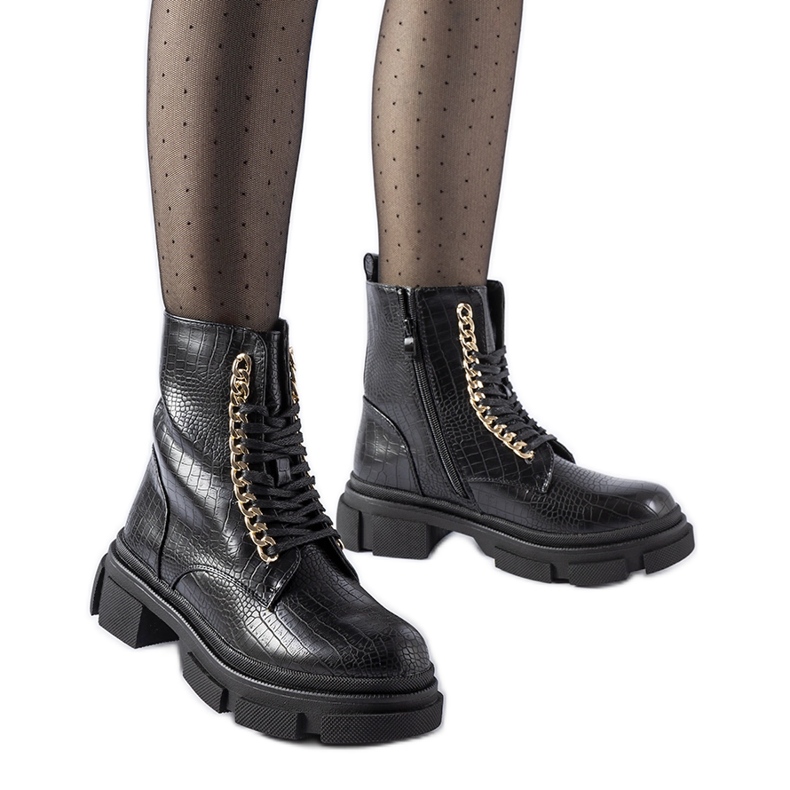 Cizme de muncitori Goodland negre cu lant decorativ negru