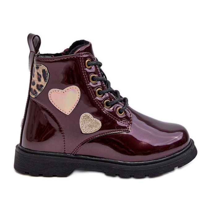 Botine copii din piele lacuita cu decoratiuni, Adete visiniu roșu