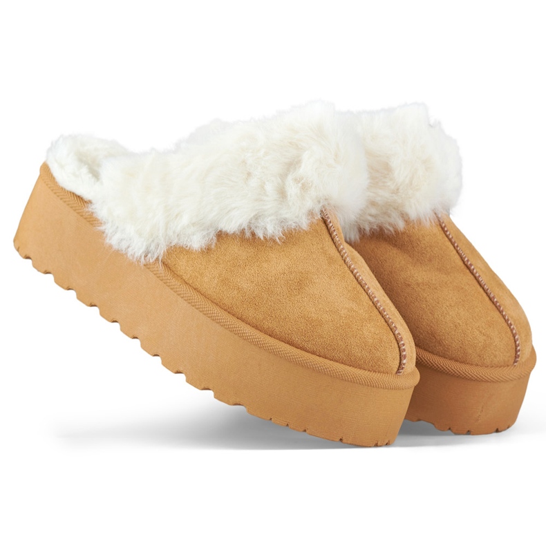 Papuci de dama cu blana pe platforma camel maro