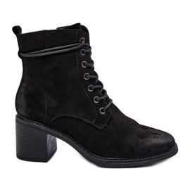 Botine de damă cu toc joasă și șireturi Serellia negre negru