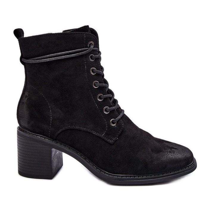 Botine de damă cu toc joasă și șireturi Serellia negre negru