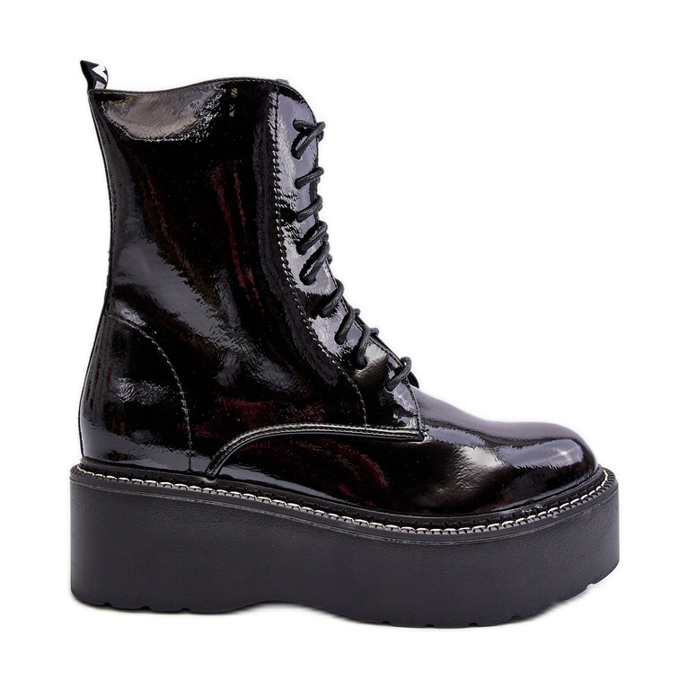 Cizme de damă din piele lăcuită cu talpă groasă Movana neagră negru