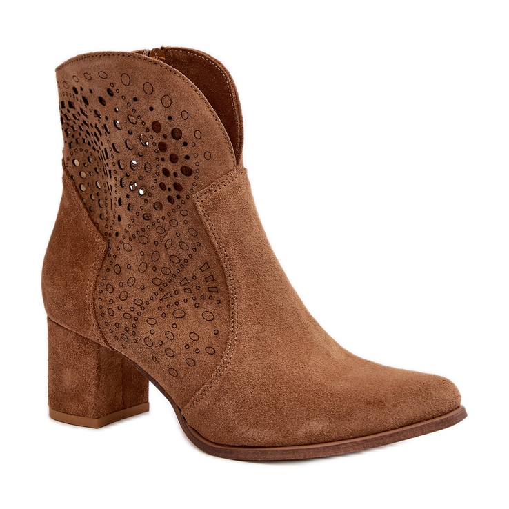 Zazoo 3166 Cizme ajurate pentru dama cu toc inalt, piele intoarsa camel maro