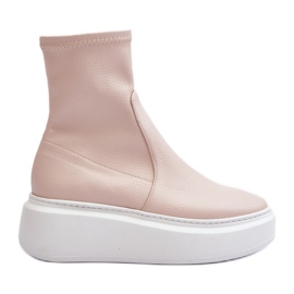 Botine de piele pentru femei Zazoo 3395 pe o platformă masivă, bej