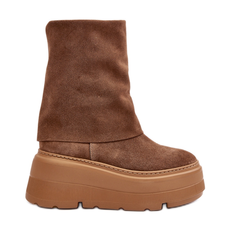 Botine pentru femei Zazoo 3410 din piele intoarsa pe o platforma masiva camel maro