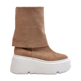 Botine pentru femei Zazoo 3410 din piele intoarsa pe o platforma masiva, bej