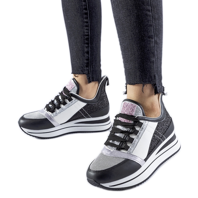 Tenisi negri cu sclipici pe platforma Marce negru