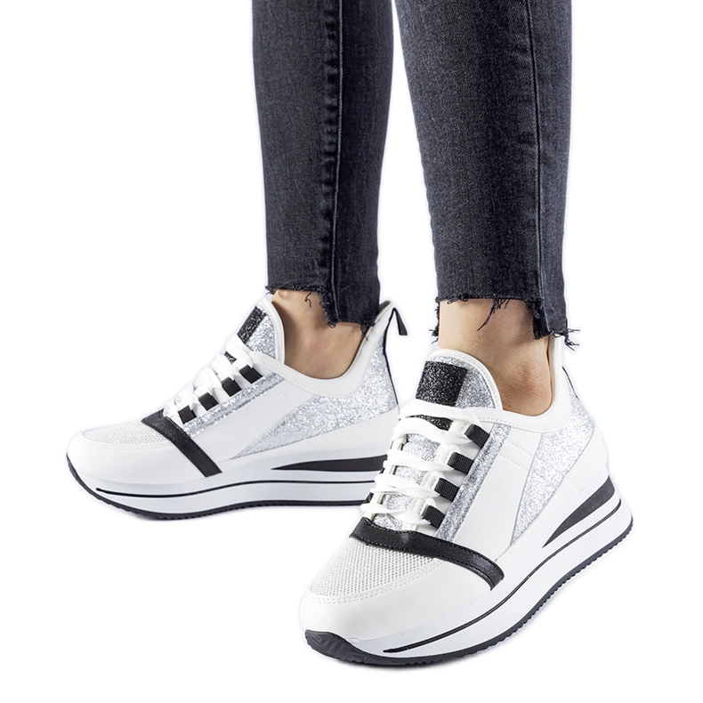 Tenisi albi cu sclipici pe platforma Marce