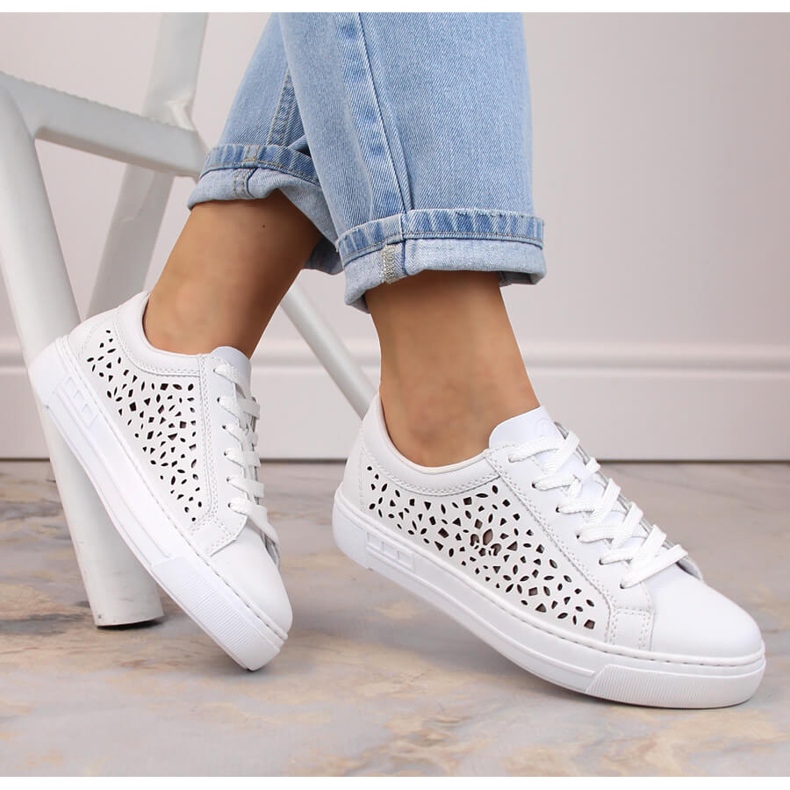 Pantofi sport dama ajurati confortabili din piele, alb, Rieker L8831-80