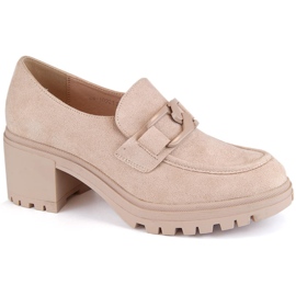 Pantofi de dama, mocasini de piele intoarsa pe toc inalt si platforma, bej Vinceza 10921