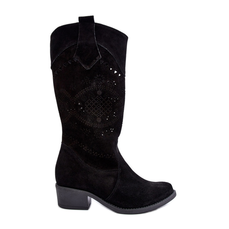 Cizme cu toc ajurat Zazoo 4043 din piele intoarsa negru