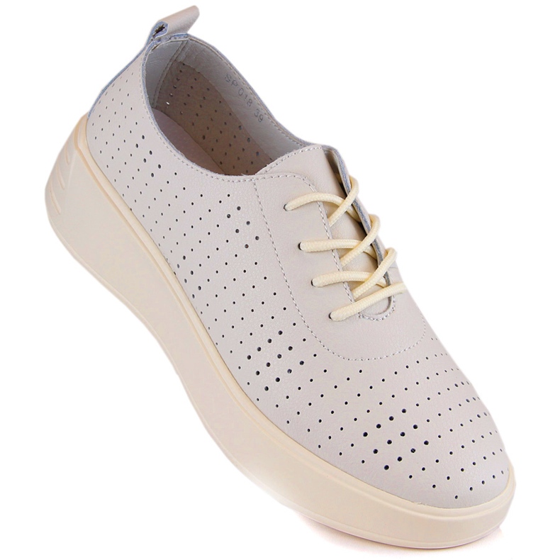 Pantofi de dama din piele ajurata cu siret, bej, Sergio Leone SP018