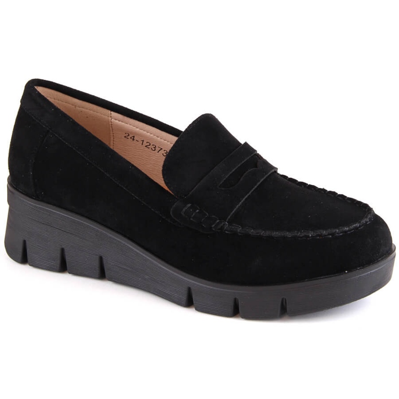 Pantofi dama din piele intoarsa, mocasini cu pane, negru Potocki SZ12373