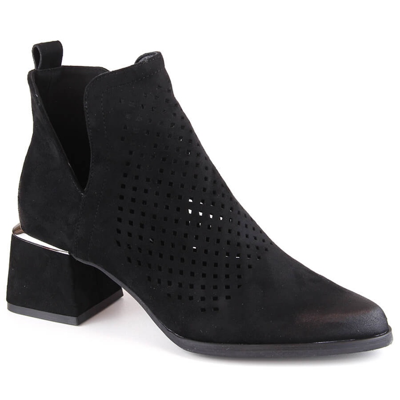 Cizme de damă din piele intoarsa ajurata cu toc inalt, negru Potocki SZ12356