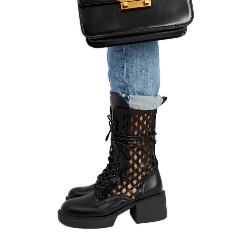 Cizme negre ajurate Visalia cu toc înalt negru Cizme negre ajurate Visalia cu toc înalt negru