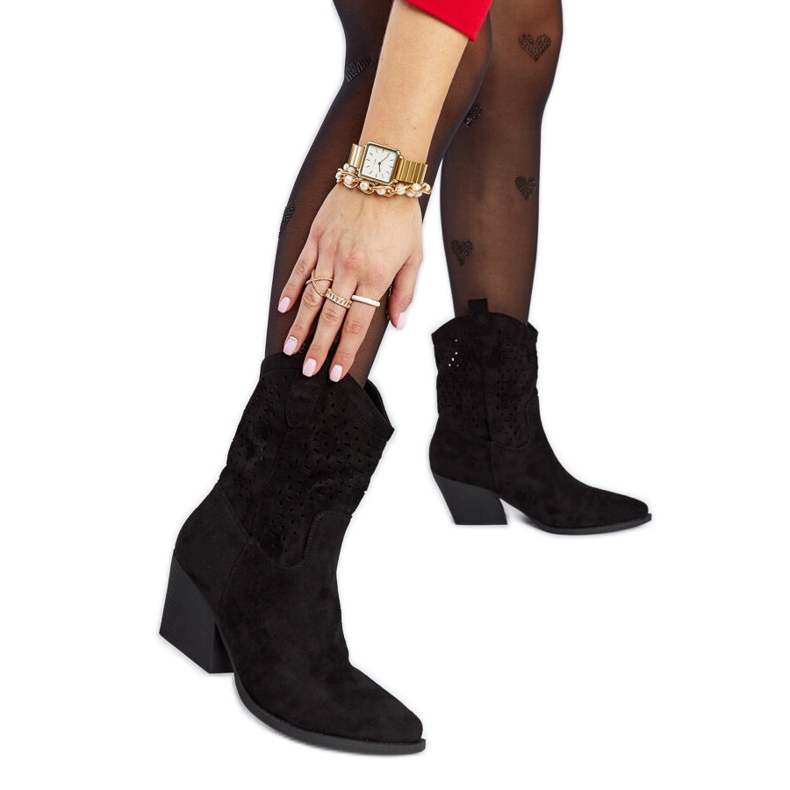 Cizme de cowboy cu toc înalt ajurate negre Taurus negru
