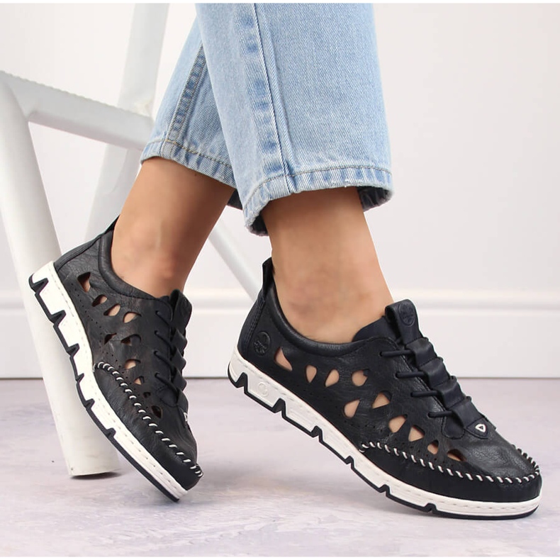 Pantofi slip-on ajurati din piele de dama, bleumarin Rieker 49956-14 albastru