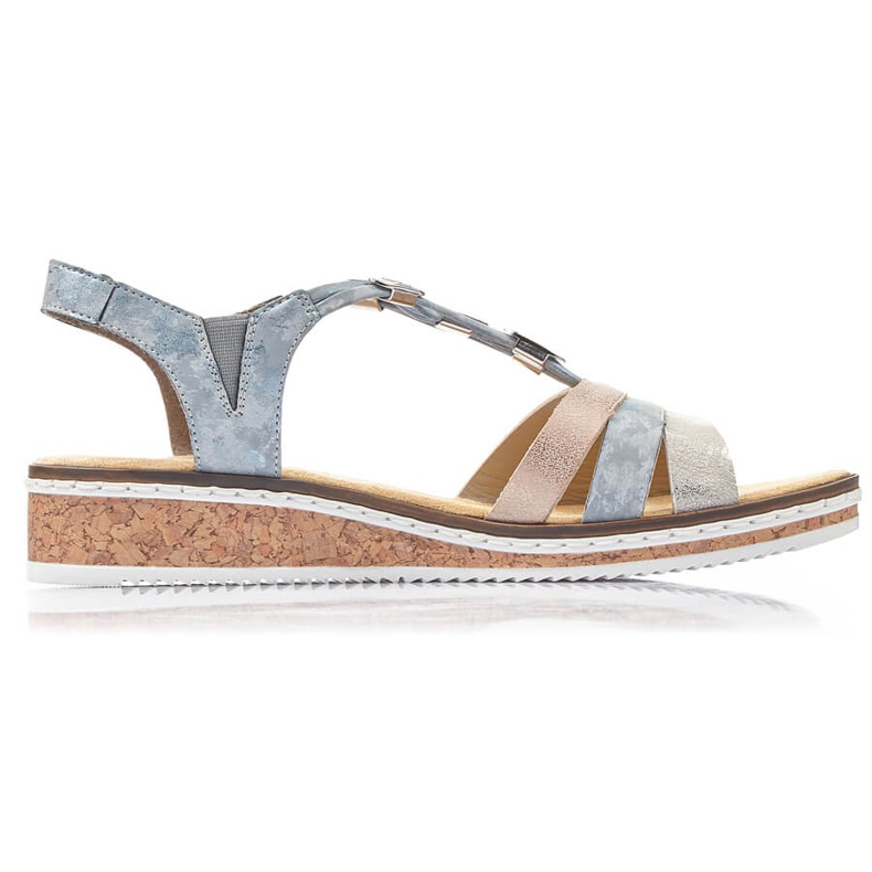 Sandale cu pană cu slip-on de damă confortabile Rieker V36G4-40 albastru