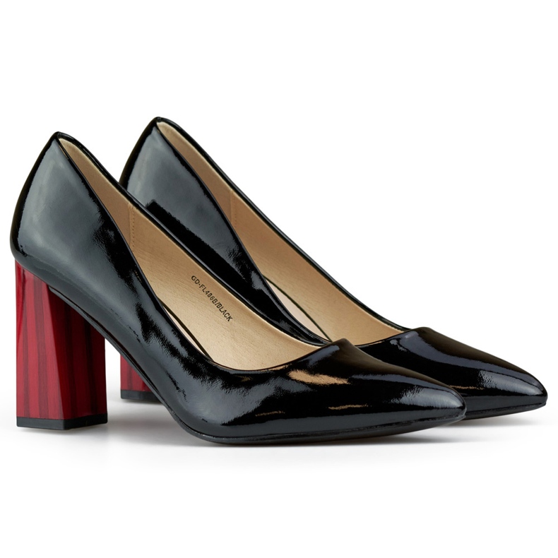 Pompe negre patentate cu toc inalt rosu negru