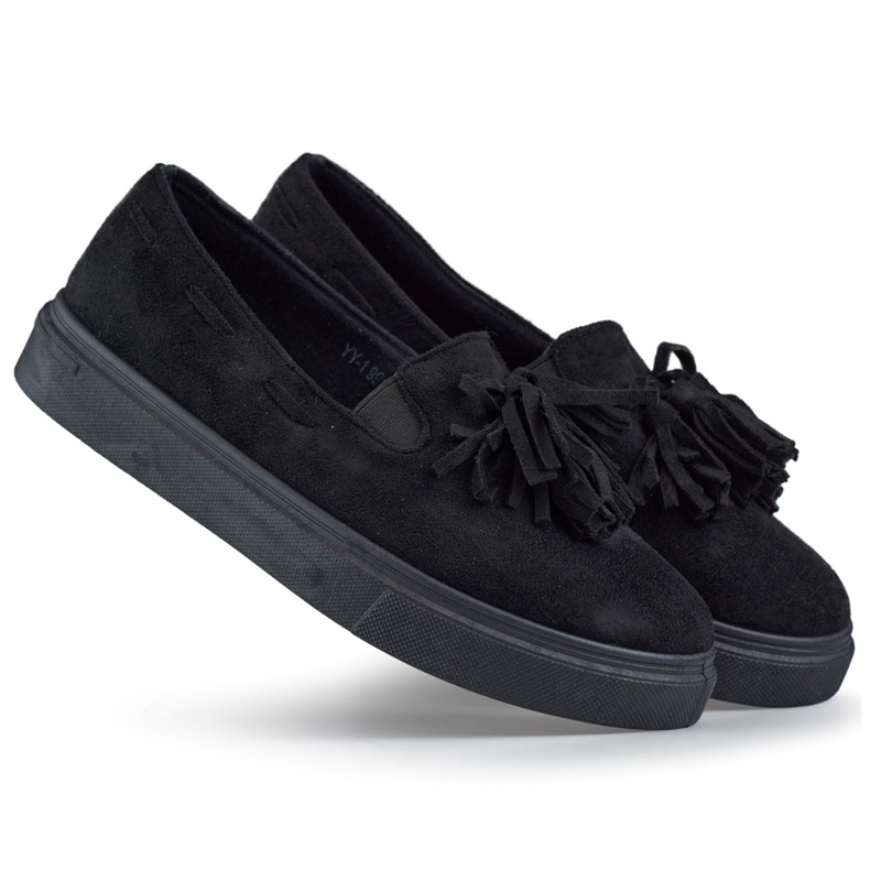 Pantofi de dama negre cu franjuri, mocasini negri cu franjuri negru