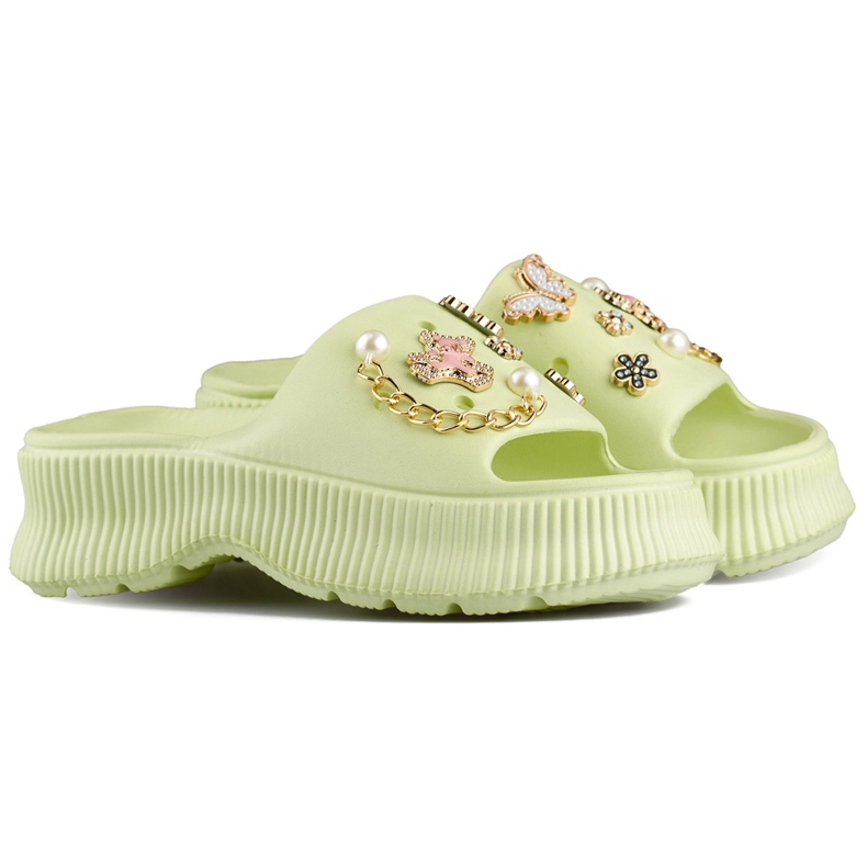 Slapi de damă din cauciuc verde deschis cu decorațiuni Slapi de damă din cauciuc verde deschis cu decorațiuni