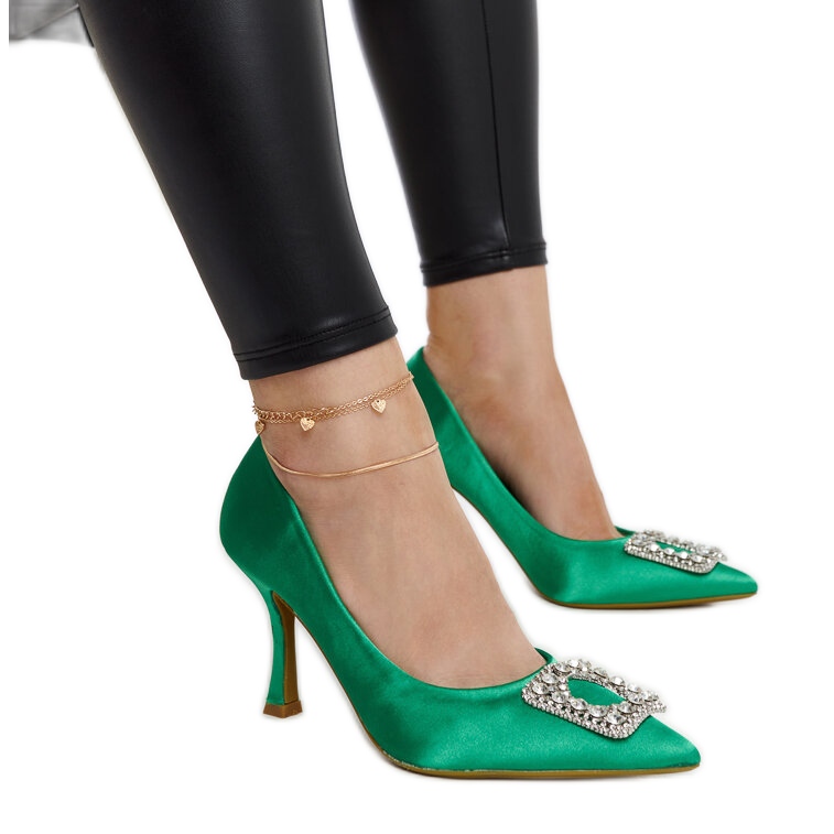 Tocuri verzi inalte cu finisaj satinat si strasuri Clemente verde