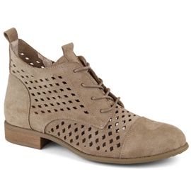 Botine ajurate dama din piele intoarsa cu toc jos, bej Jezzi ASA142-45