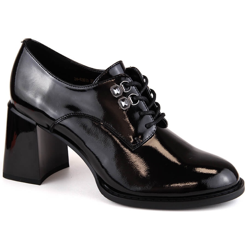 Pantofi de dama din piele lacuita cu toc inalt decorativ, negru Vinceza 63510
