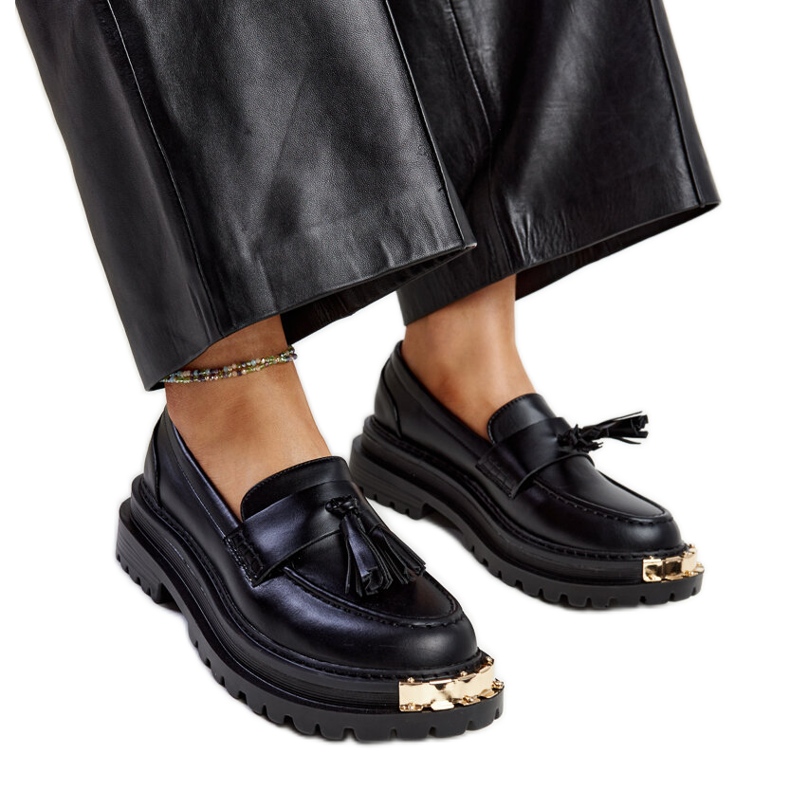 Mocasini masivi negri cu inserții aurii Tuga negru Mocasini masivi negri cu inserții aurii Tuga negru