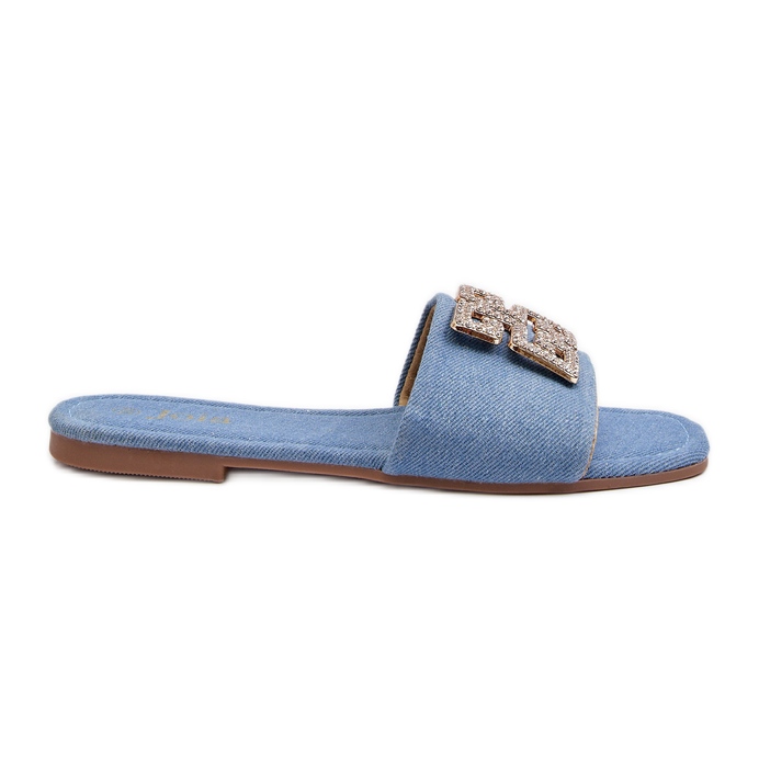 Flip-flops de damă din denim cu toc plat și decor, albastru Inaile