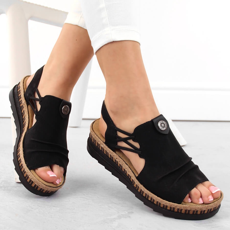 Sandale cu pană, negre, confortabile, Rieker V7972-00 negru