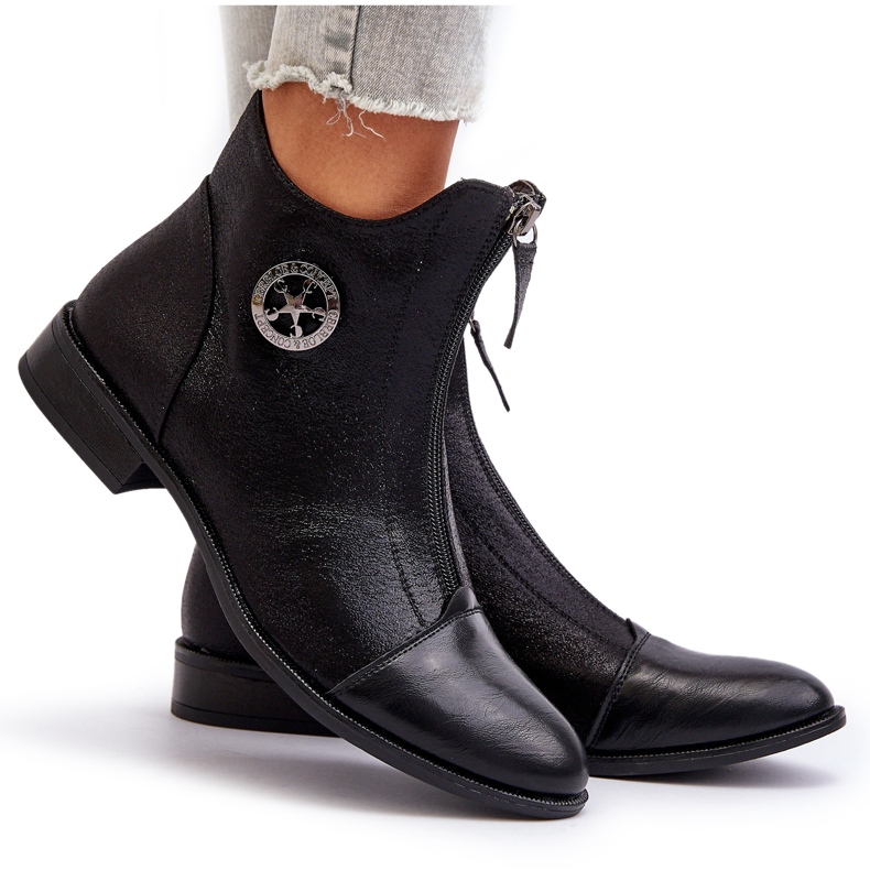 Jezzi Cizme Plate Dama Cu Fermoar Loratie Neagra negru Jezzi Cizme Plate Dama Cu Fermoar Loratie Neagra negru