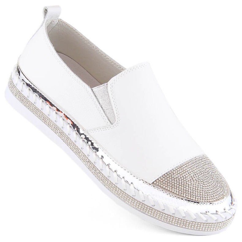 S.Barski Pantofi slip-on damă din piele cu zirconi, alb D&amp;A LR370