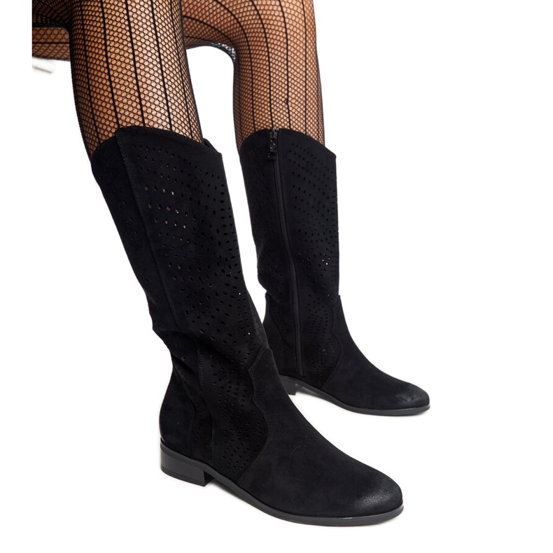 Cizme negre din piele ajurata de la Vinceza negru