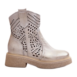 Botine pentru femei Zazoo 3470 din piele cu toc plat, ajurata, auriu periat de aur