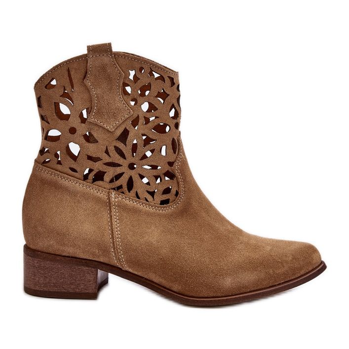 Zazoo 3404 Cizme de cowboy cu toc mic, piele intoarsa, bej deschis